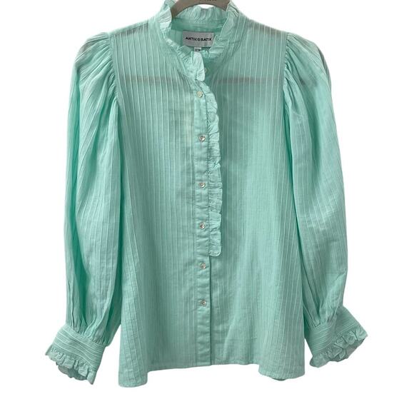 NWT Antik Batik S / 38 Yvonne Blouse Top Light Aqua Long Sleeve Ruffle Collar - Picture 3 of 14